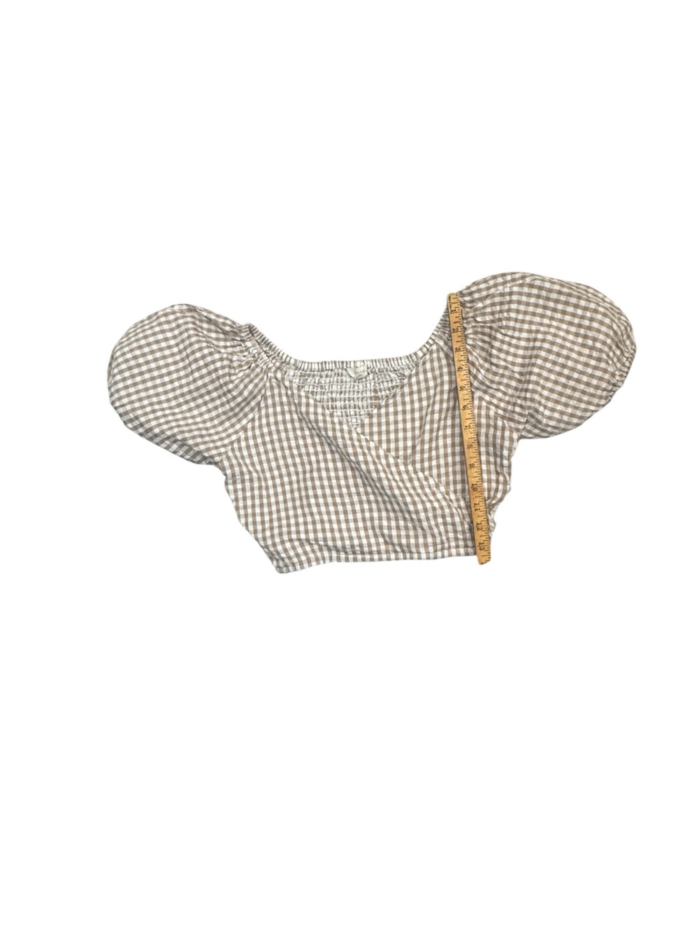 Sim & Sam Beige Gingham Puff Sleeve Crop Top Cotton Cottagecore Size Medium - Picture 5 of 9